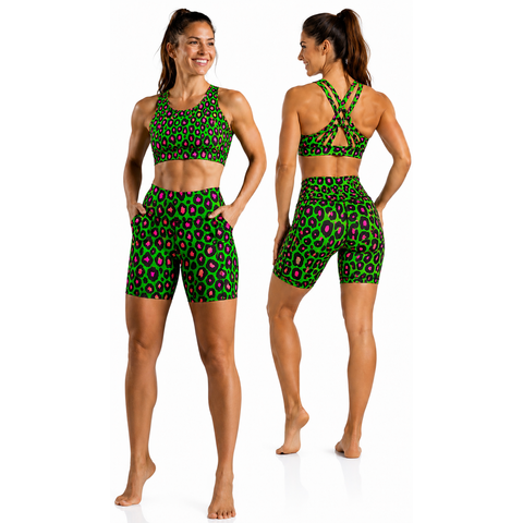 Step n Pump Exclusive UV Reactive Green Leopard Criss Crop Crop Top