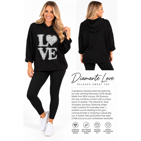 Italian Diamante Soft Touch Love Relaxed Sweat Top With Hood