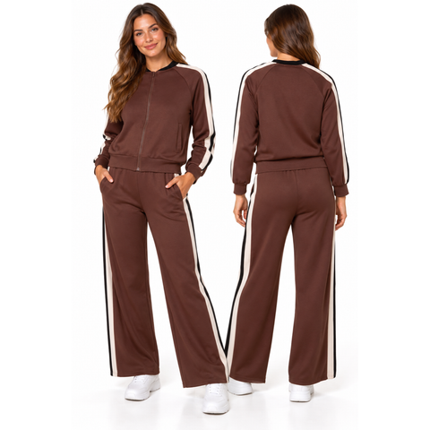Chocolate Stripe Bomber Zip Jacket & Trouser Set