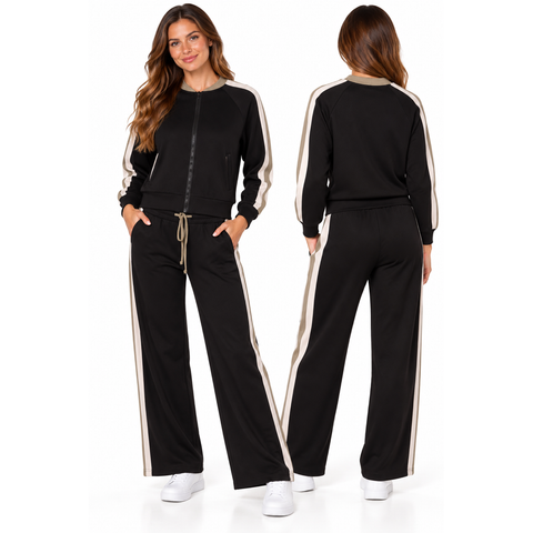 Black Stripe Bomber Zip Jacket & Trouser Set