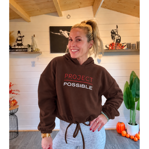 Project Possible Luxe Chocolate Embroidered  Crop Hoodie