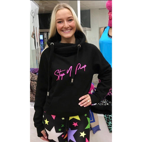 Step n Pump Essentials Black With Hot Pink Cross Neck Cosy Hoodie