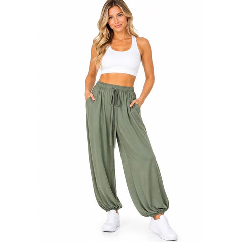 Italian Sage Green Elasticated Tie Waist Balloon Bottoms With Pockets