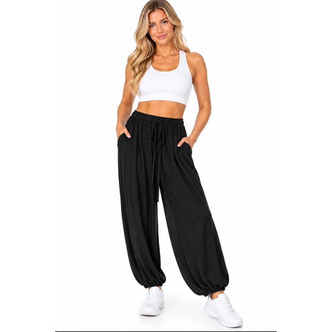 Italian Black Elasticated Tie Waist Balloon Bottoms With Pockets (Pre-Order)