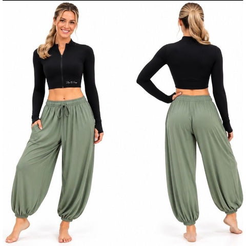 Italian Sage Green Elasticated Tie Waist Balloon Bottoms With Pockets