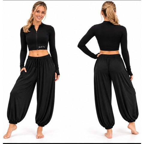 Italian Black Elasticated Tie Waist Balloon Bottoms With Pockets (Pre-Order)