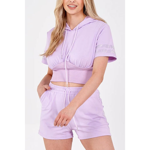 Step n Pump Exclusive Lilac Crop Hoodie & Diamante Detail Shorts Set