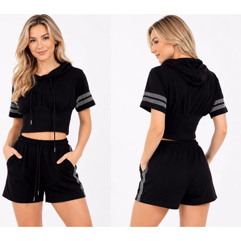 Step n Pump Exclusive Black Crop Hoodie & Diamonte Detail Shorts