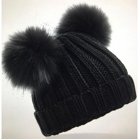 Step n Pump Essentials Adults Black Faux Fur Double Pop Pom Beanie